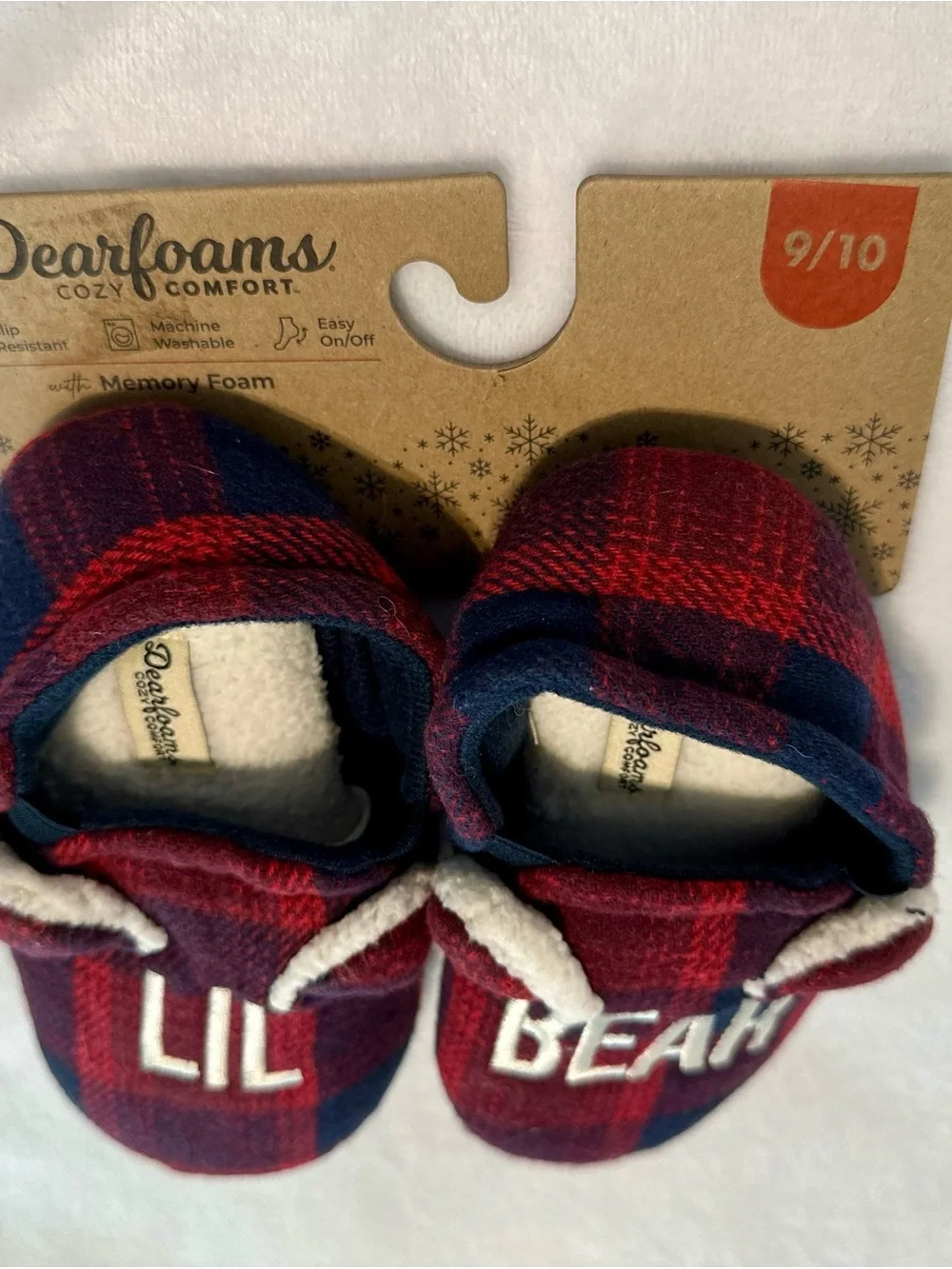 NWT Dearfoams Red and Navy Plaid 'LIL BEAR' Slippers for kids